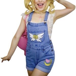 Hot Topic Sailor Moon Denim Shortalls Small Anime Shorts Overalls Kawaii NWT